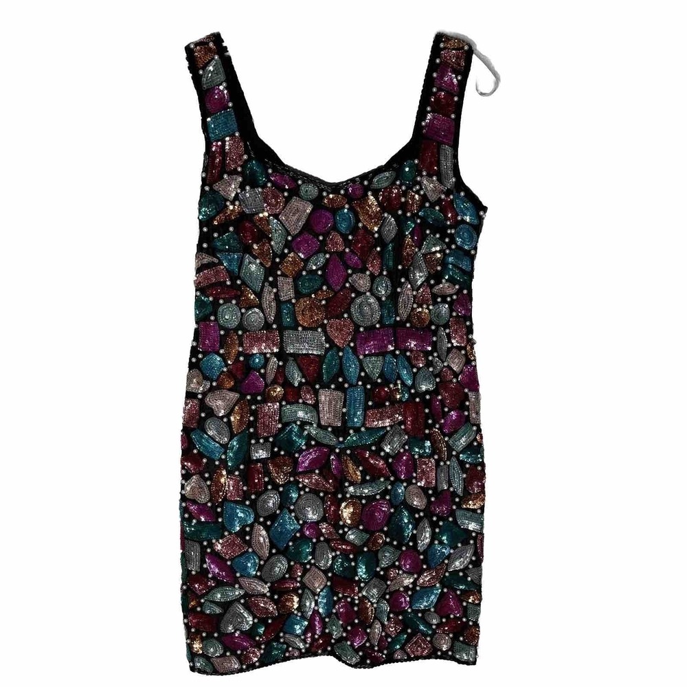 NWT Maple 100% Silk Jeweled Sequin Pearl Black Party Dress 8 Cocktail Holiday